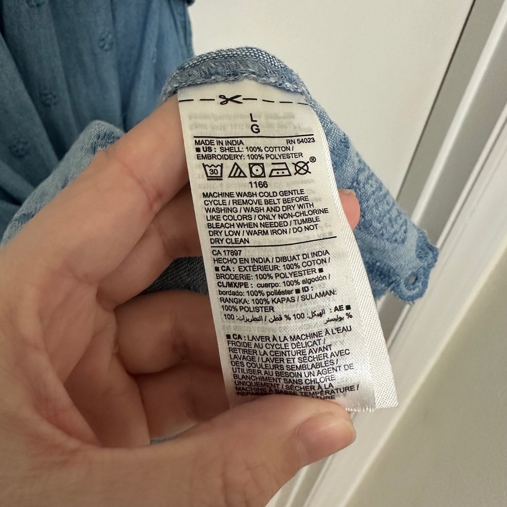 OLD NAVY | Blue Denim Chambray Embroidered Cutwork Eyelet Peasant Mini Dress, L - Picture 8 of 10
